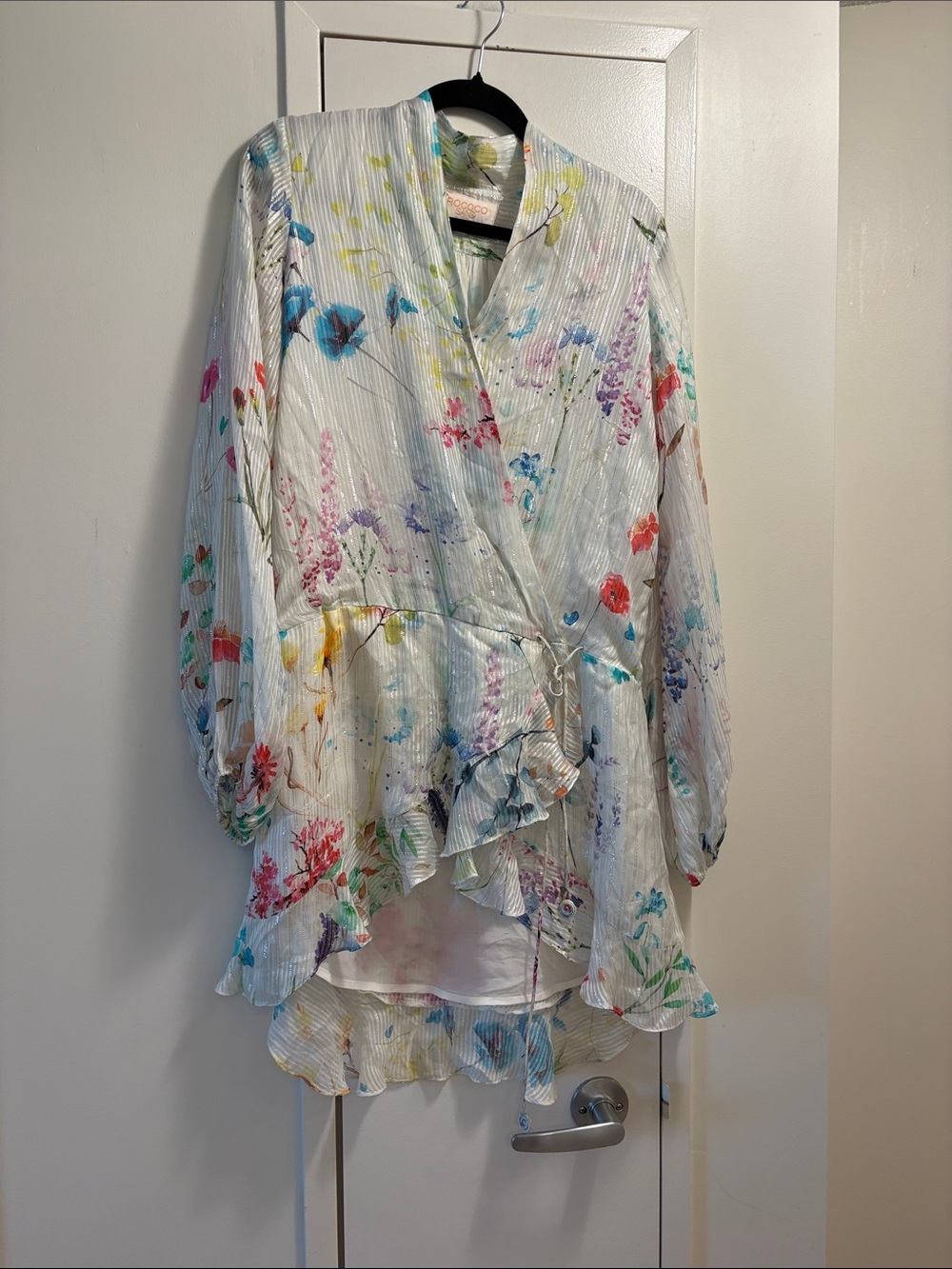 Rococo Sand Floral Ruffled Wrap Blouse in White with Multicolor Print. NWOT